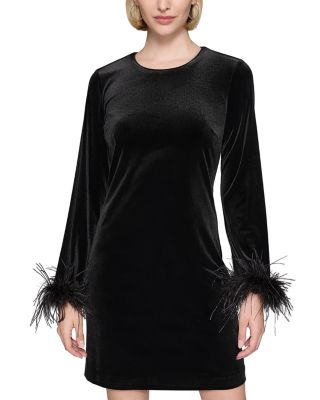 Feather Trim Stretch Velvet Dress