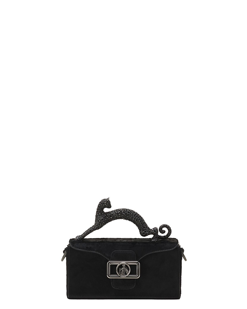 Lanvin Pencil Cat Nano Leather Bag With Pony Effect And Rhinestones In Black