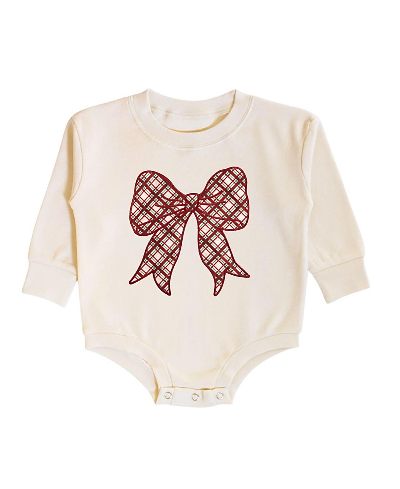 Sweet Wink Girls' Christmas Plaid Bow Patch Long Sleeve Romper - Baby In Neutral