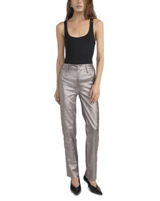 Le Sleek Straight High Rise Shimmer Leather Jeans in Broken Mirror