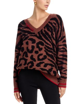 V Neck Animal Print Jacquard Sweater