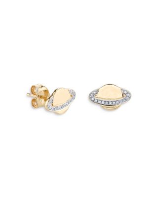 14K White & Yellow Gold Diamond Saturn Stud Earrings