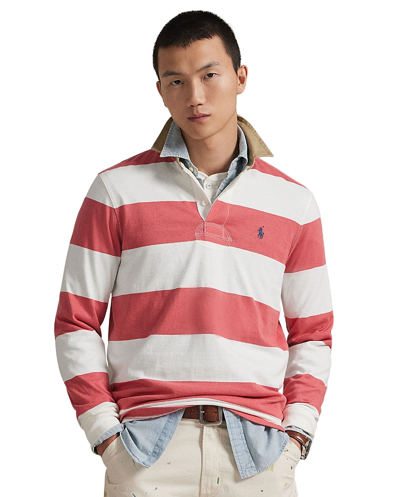 Polo Ralph Lauren Classic Fit Khaki Collar Rugby Shirt In White