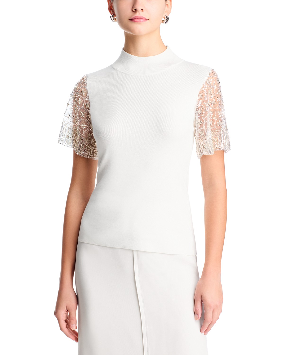T Tahari Sequin Beaded Flutter Sleeve Mock Neck Sweater