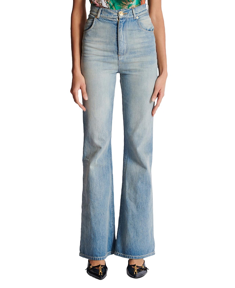 Balmain Flared-fit Blue Washed Denim Jeans In Blue