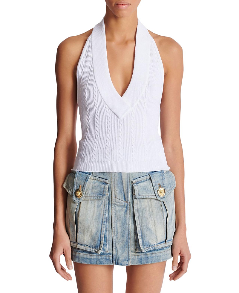 Balmain Cable Knit Halterneck Cropped Top In White
