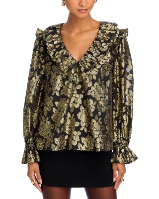 Metallic Jacquard Ruffle Neck Top - Exclusive