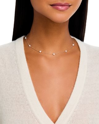 14K Yellow Gold White Pearls Cultured Freshwater Pearl Station Statement Necklace, 16-18"