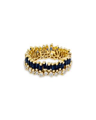 18K Yellow Gold Short Stack Blue Sapphire & Diamond Eternity Band