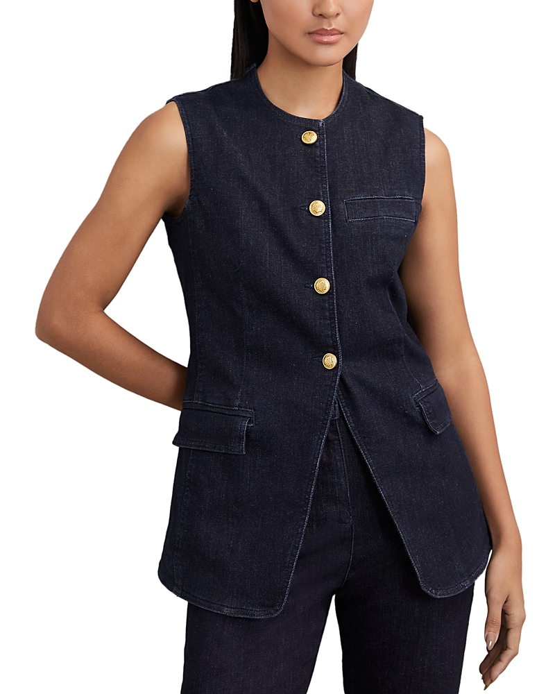 Reiss Athe Denim Long Line Waistcoat In Blue