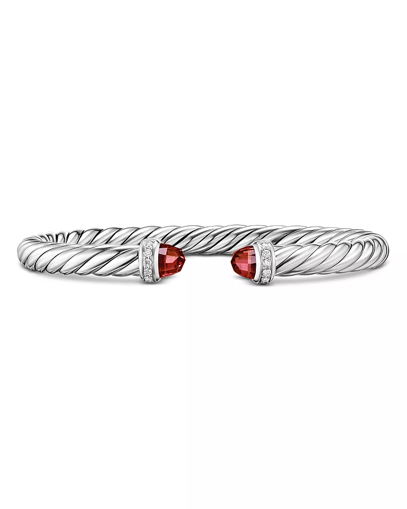 David Yurman Cable Flex Bracelet in Sterling Silver with Rhodolite Garnet and Diamonds, 6mm