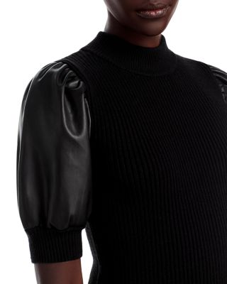 Elbow Sleeve Mock Neck Ribbed Pullover Sweater with Faux Leather Sleeves