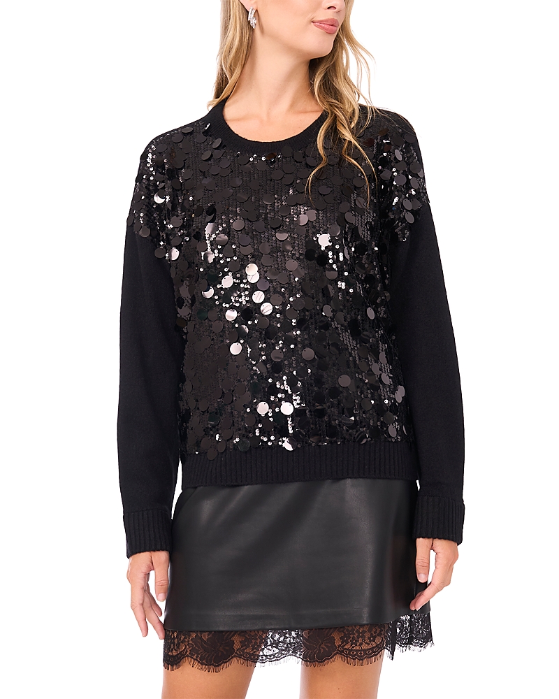Vince Camuto Mixed Media Paillette Front Sweater In Black