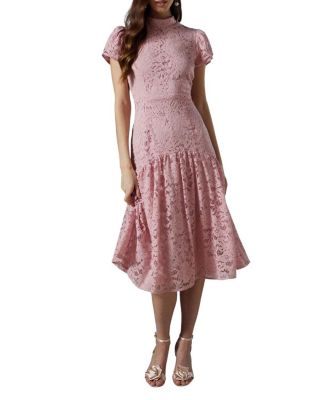 Lace Frill Sleeve High Neck Midi Dress