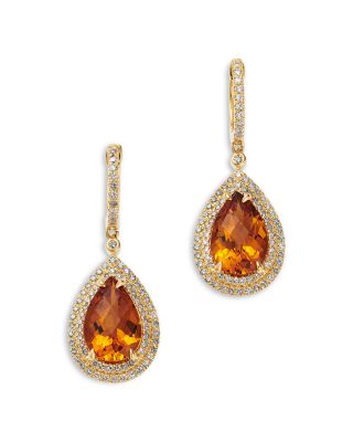 Cognac Citrine & Diamond Pear Shaped Halo Drop Earrings in 14K Yellow Gold