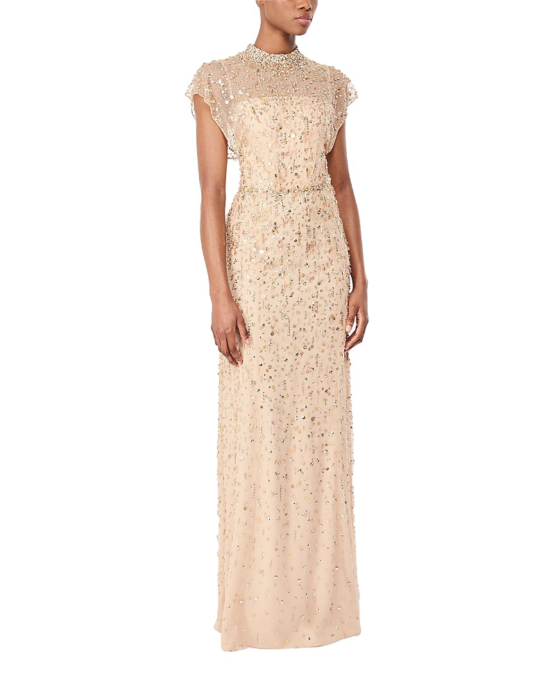 Jenny Packham Crystal Drop Crystal-embellished High-neck Maxi Dress In Neutral