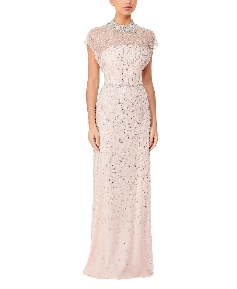 Jenny Packham Crystal Drop Crystal-embellished High-neck Maxi Dress In Pink