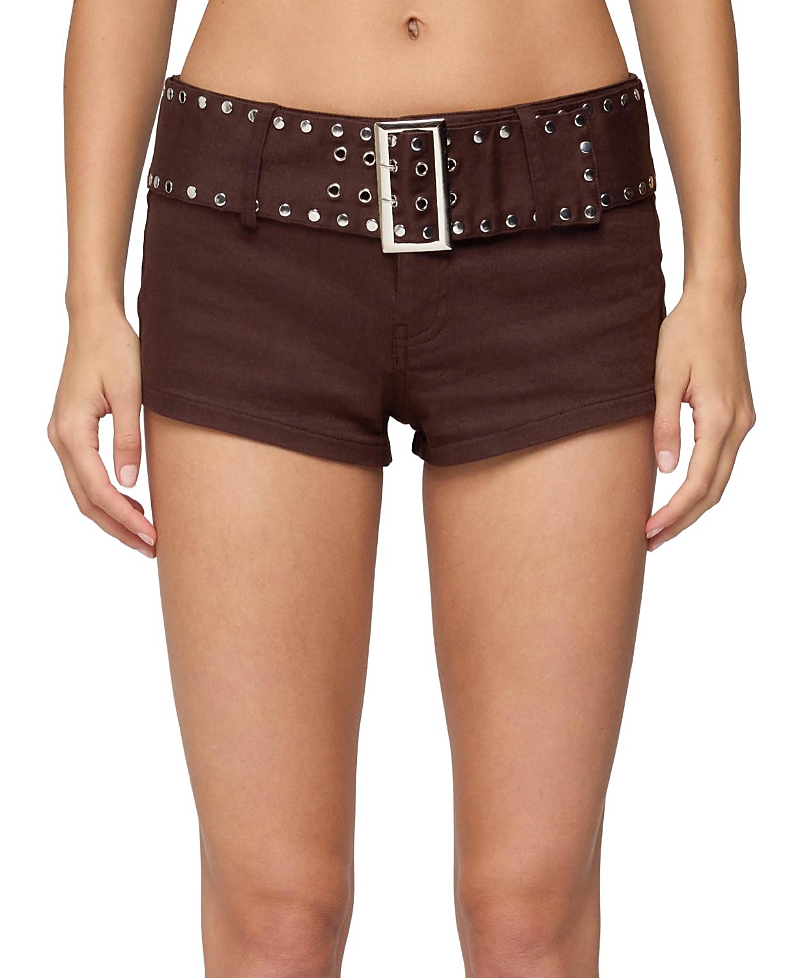 Edikted Studded Belt Denim Micro Shorts In Brown
