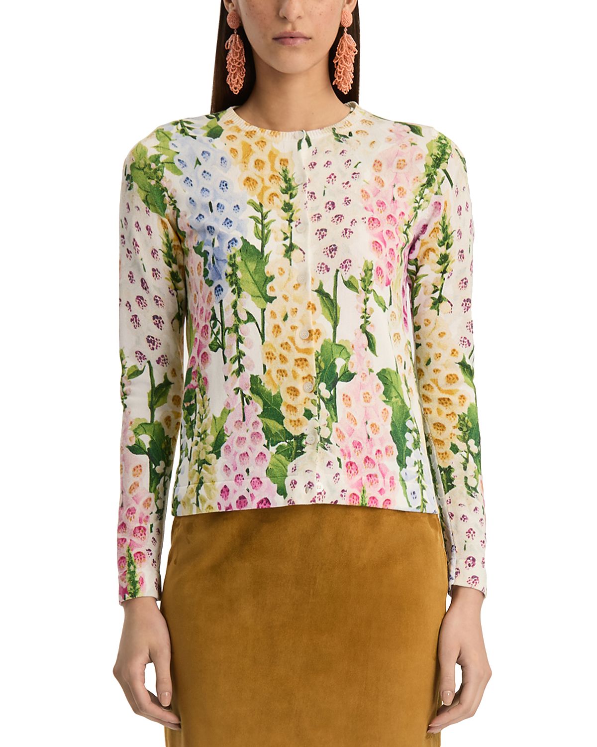 Oscar de la Renta Printed Foxgloves Long Sleeve Cardigan
