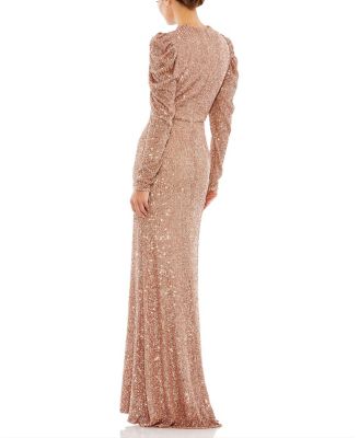  Sequined High Neck Puff Sleeve Column Gown