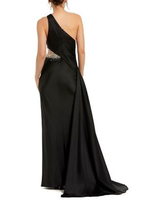  One Shoulder Charmeuse Gown with Beaded Cutout