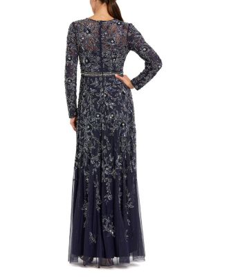  Long Sleeve Floral Embellished Mesh A Line Gown