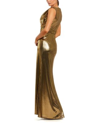  Metallic Sleeveless Cowl Neck Gown with Belt