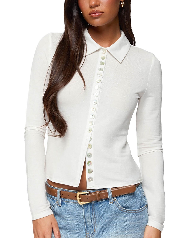 Edikted Pennie Iridescent Button Up Shirt In White