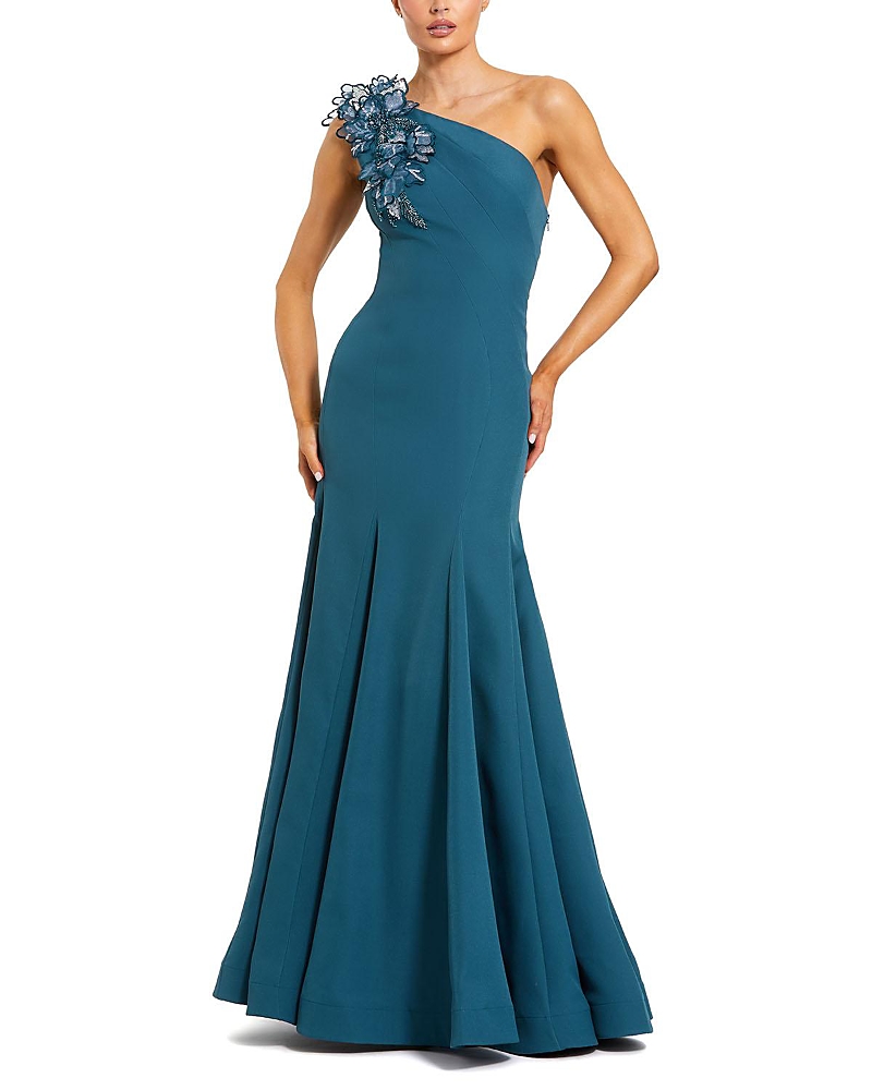 Mac Duggal Crepe One Shoulder Evening Gown With 3d Flower Details In Blue