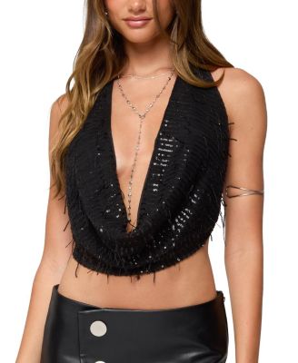 Fringed Sequin Backless Halter&nbsp;Top