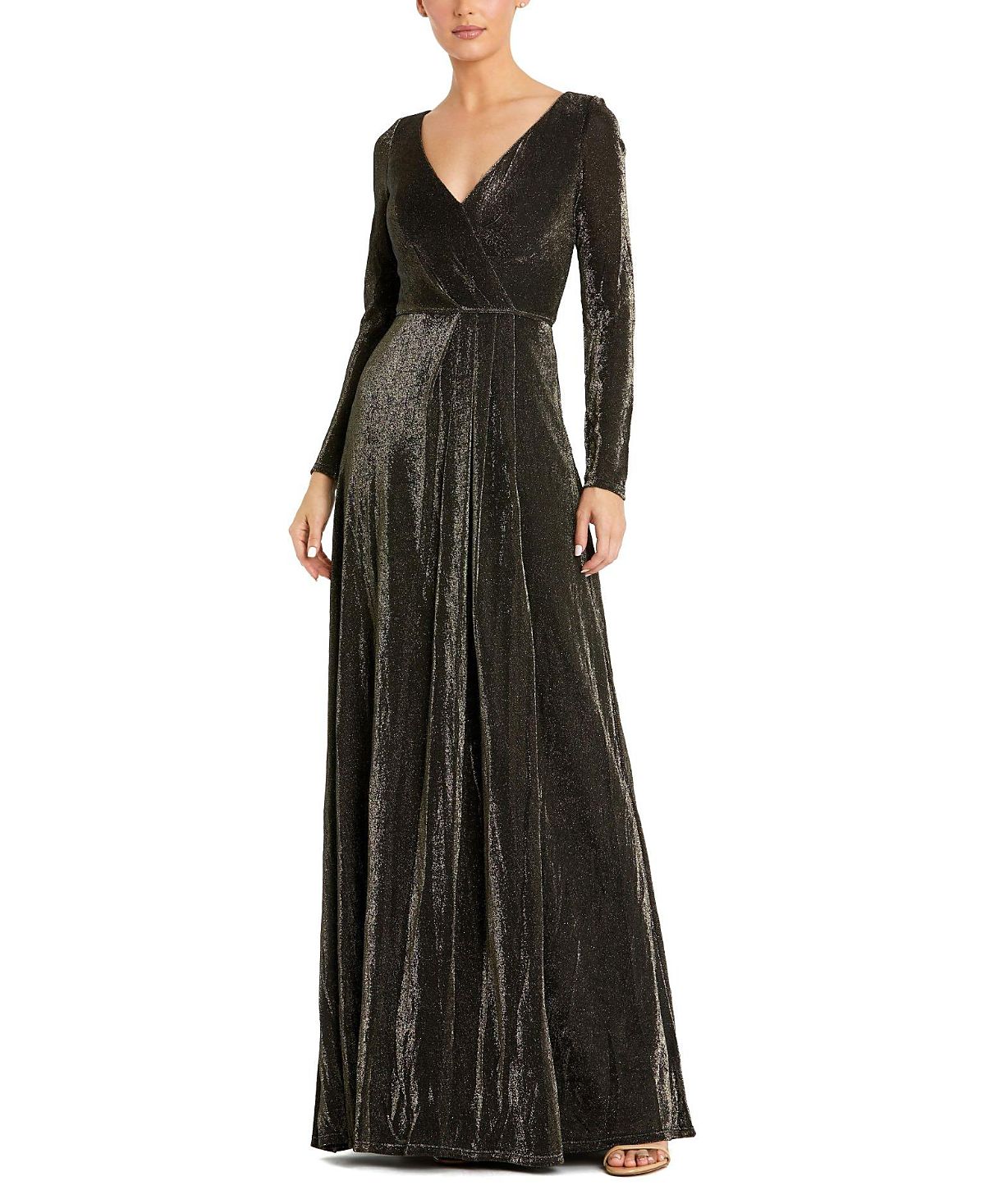 Mac Duggal Long Sleeve Faux Wrap A Line Gown