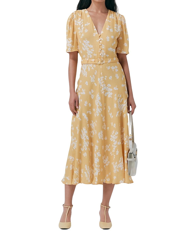 Ghost London Jemima Crepe Floral Belted Midi Dress In Yellow