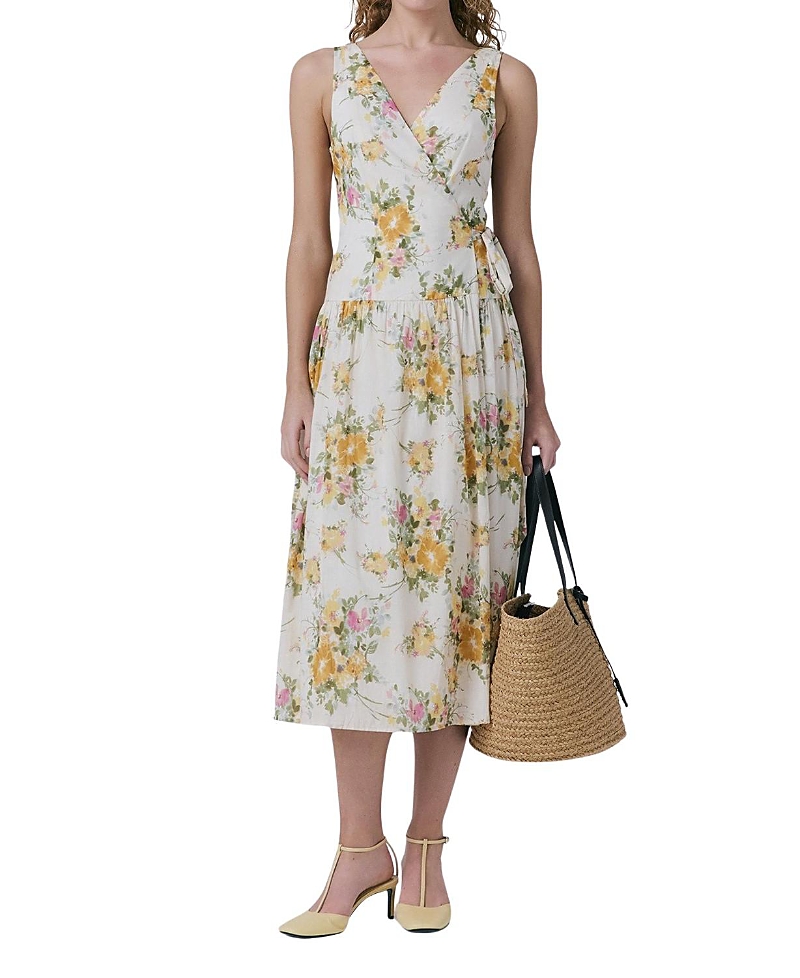 Ghost London Julia Cotton Floral Midi Wrap Dress In Yellow
