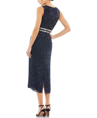 Sleeveless High Neck Beaded Midi Sheath Dress
