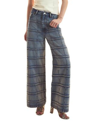 Windowpane Wide-Leg Jeans in Light Blue Wash