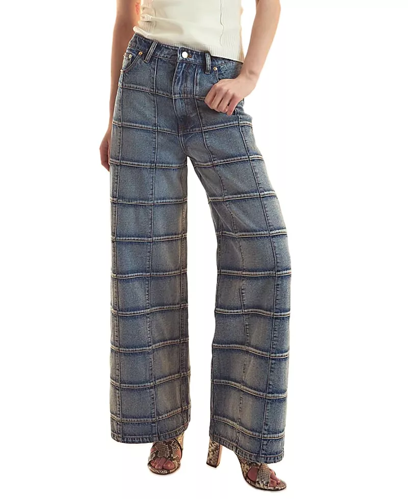 Cynthia Rowley Windowpane Wide-Leg Jeans in Light Blue Wash