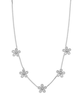 Diamond Round & Baguette Daisy Station Collar Necklace in 14K White Gold, 3.1 tcw