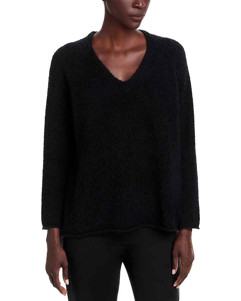 Bloomingdale's Fringed Cotton V Neck Sweater In Black