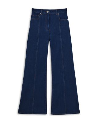 June Petite Mid Rise Flare Pin Stitch Jeans in Blue