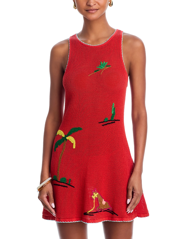 Staud Marea Embroidered Open-knit Mini Dress In Red