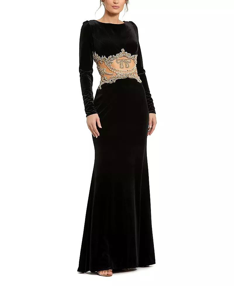 Mac Duggal Long Sleeve Sheer Embellished Velvet Gown