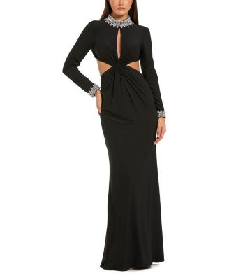  Embellished Jersey Long Sleeve Cut Out Evening Gown
