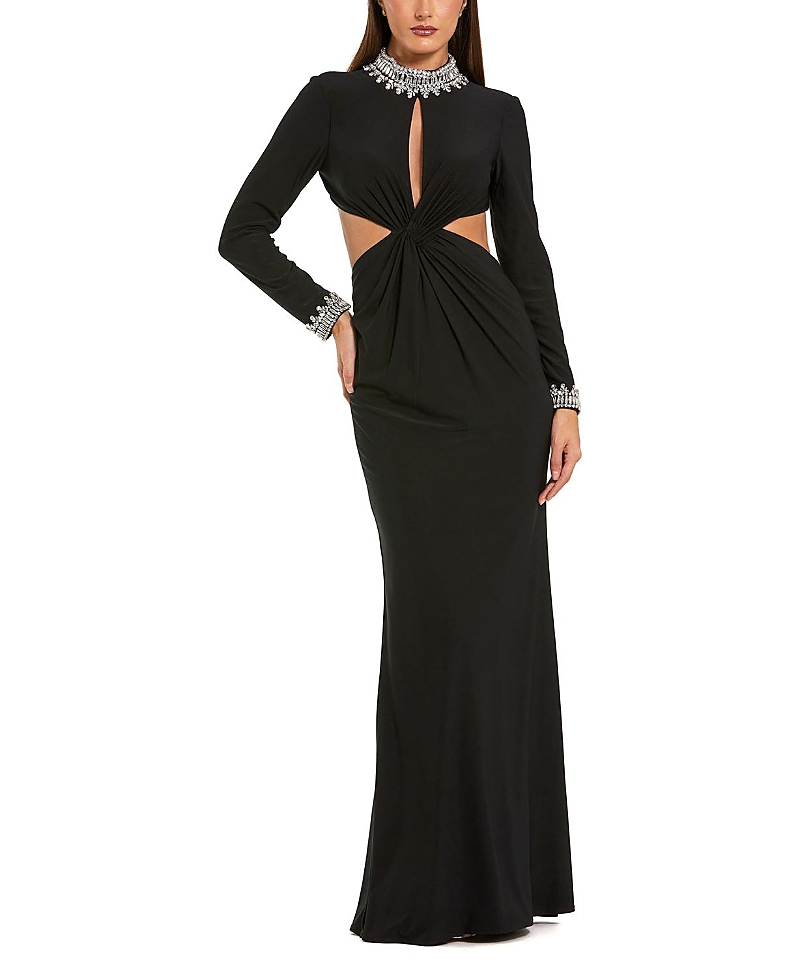Mac Duggal Embellished Jersey Long Sleeve Cut Out Evening Gown In Black
