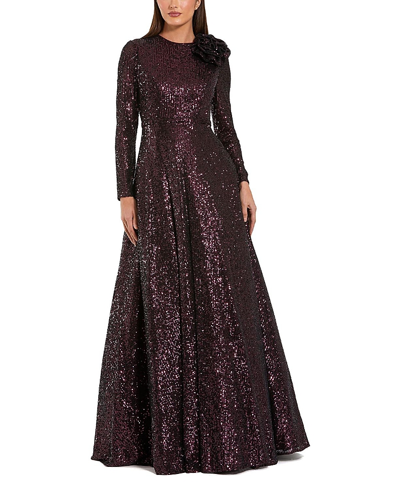 Mac Duggal Hand Beaded Mesh Long Sleeve High Neck A Line Gown In Purple