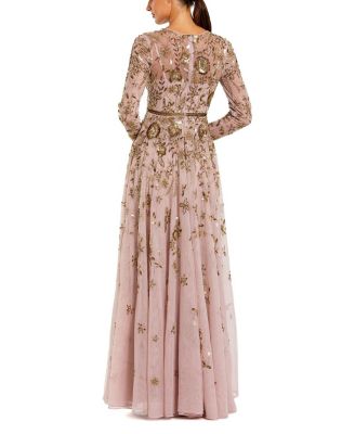 Long Sleeve Hand Embellished Floral A-line Gown