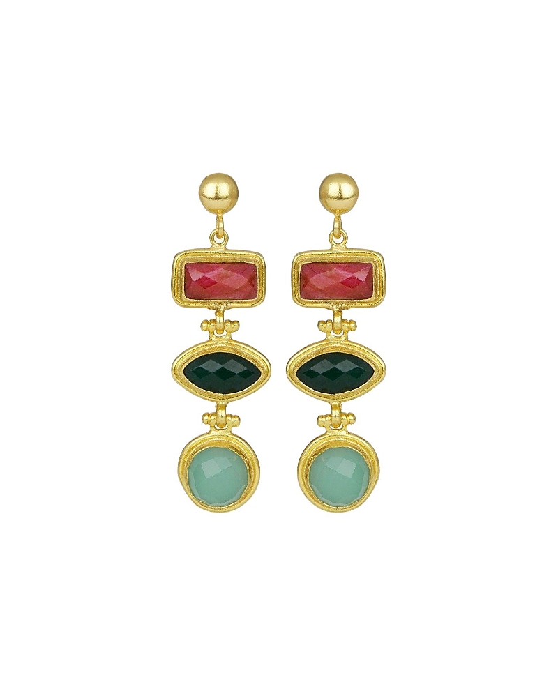 Ottoman Hands Innana Ruby, Emerald And Aqua Chalcedony Drop Earrings In Gold