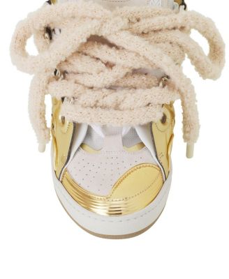  Men&#39;s Curb Metallic Leather Sneakers With Mesh Laces