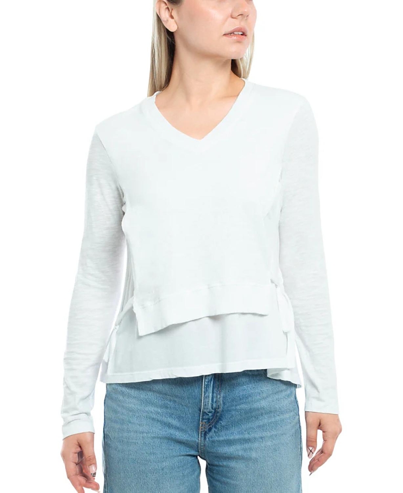 Wilt Clothing Round Neck Long Sleeve Tee With Asymmetric Hem & Body Seams In White
