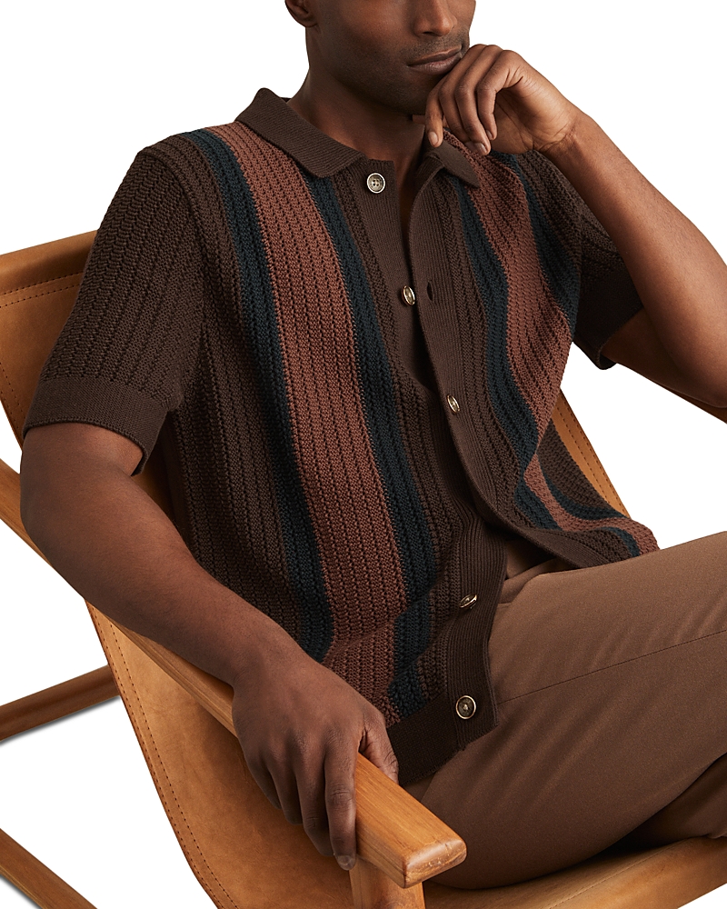 Reiss Bradley Short Sleeve Button Front Knit Sweater In Brown