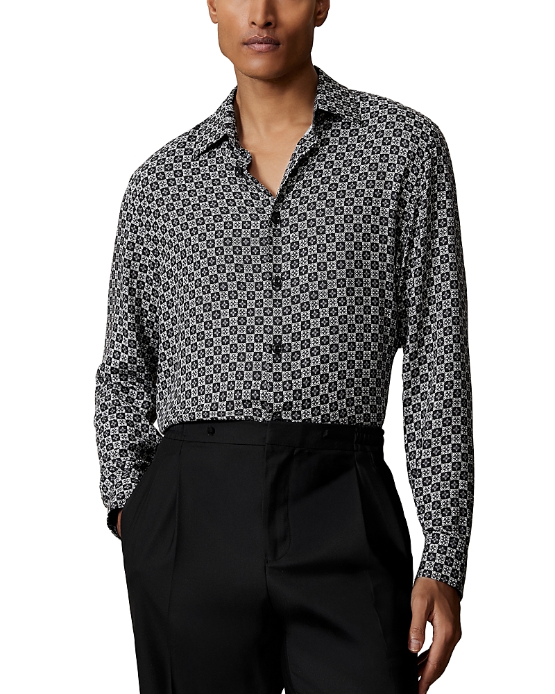 Reiss Long Sleeve Printed Button Front Shirt In Silver